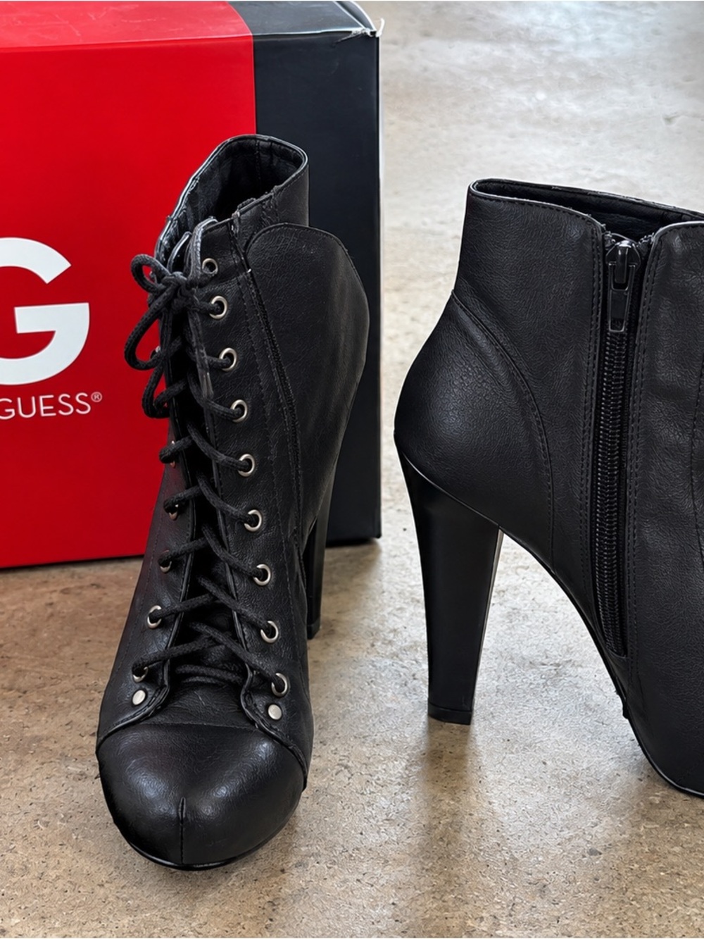 GUESS Black Lace-Up Heeled Ankle Booties with Side Zip